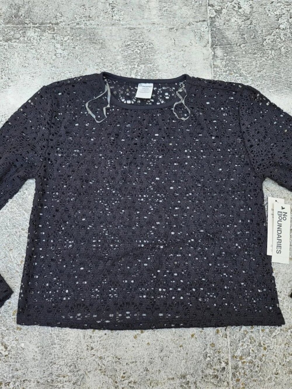 No Boundaries Women Top Blouse Black Net Shirt Long Sleeve Crew Neck Size XXS 00